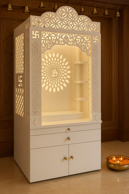 Corian Temple with Om Symbol and Storage 6ft x 2ft x 1.2ft — Luxury Indian Home Interior — Satguru Creations