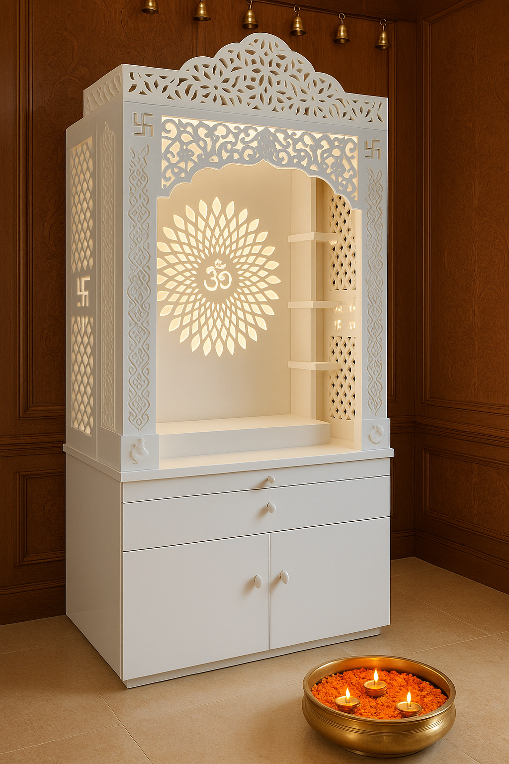 Corian Temple with Om Symbol and Storage 6ft x 2ft x 1.2ft — Luxury Indian Home Interior — Satguru Creations