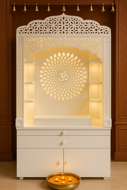 Corian Temple with Om Symbol and Storage 6ft x 2ft x 1.2ft — Luxury Indian Home Interior — Satguru Creations