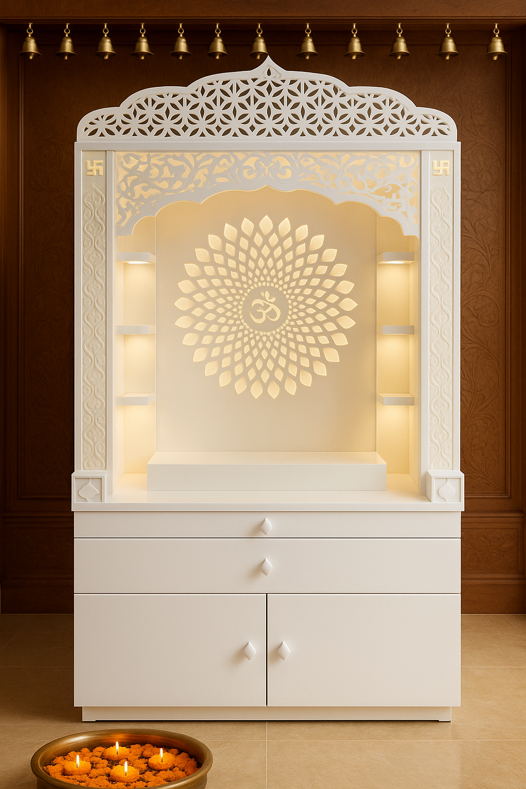 Corian Temple with Om Symbol and Storage 6ft x 2ft x 1.2ft — Luxury Indian Home Interior — Satguru Creations