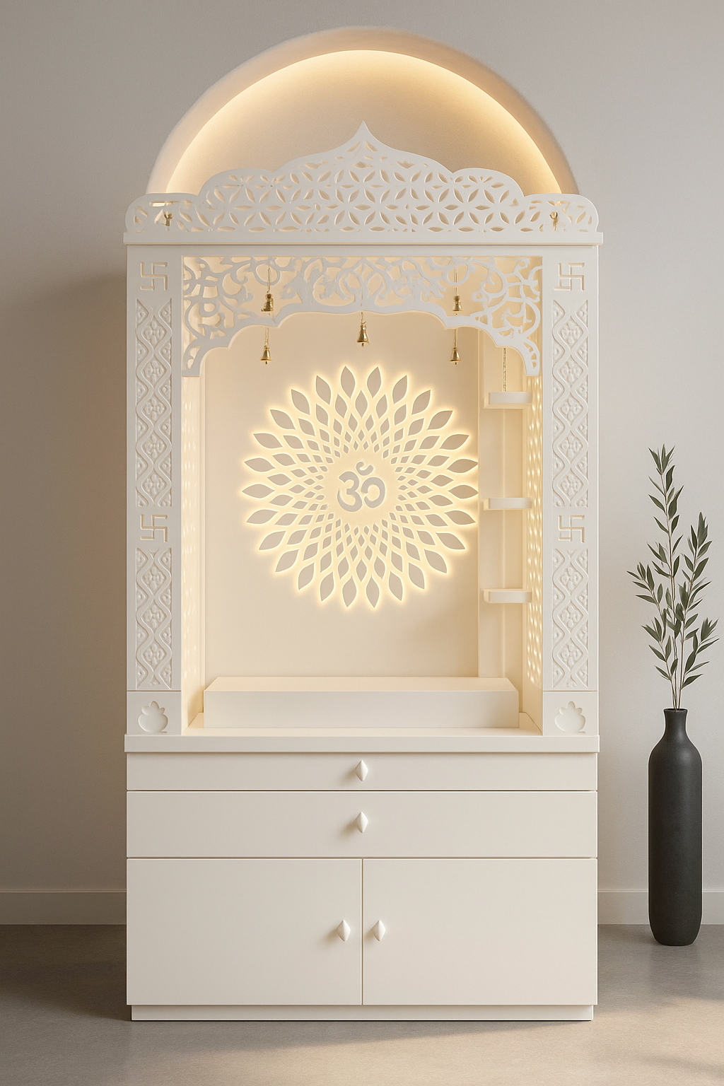 Corian Temple with Om Symbol and Storage 6ft x 2ft x 1.2ft — Luxury Indian Home Interior — Satguru Creations