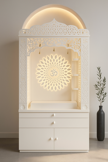 Corian Temple with Om Symbol and Storage 6ft x 2ft x 1.2ft — Luxury Indian Home Interior — Satguru Creations