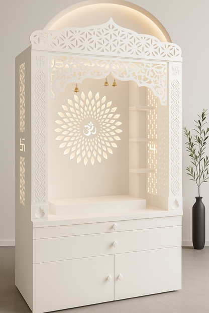 Corian Temple with Om Symbol and Storage 6ft x 2ft x 1.2ft — Luxury Indian Home Interior — Satguru Creations
