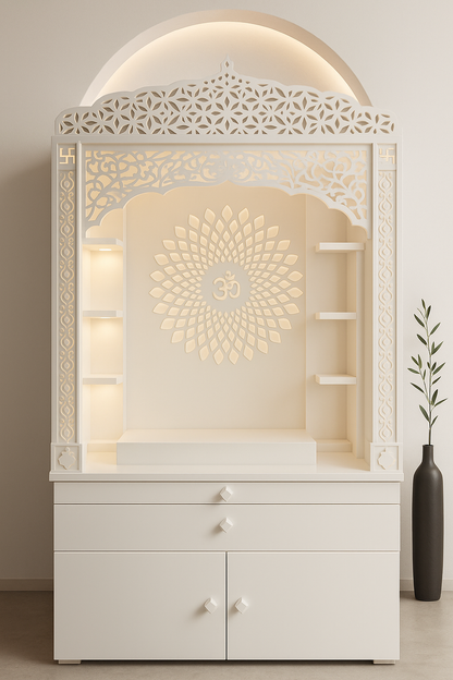 Corian Temple with Om Symbol and Storage 6ft x 2ft x 1.2ft — Luxury Indian Home Interior — Satguru Creations