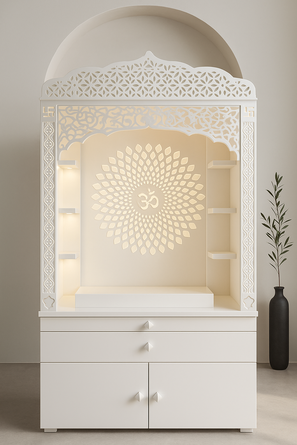 Corian Temple with Om Symbol and Storage 6ft x 2ft x 1.2ft — Luxury Indian Home Interior — Satguru Creations