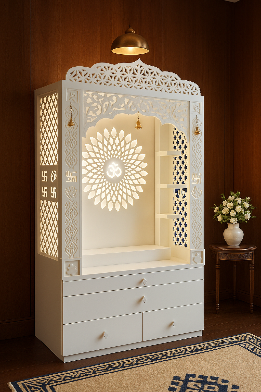 Corian Temple with Om Symbol and Storage 6ft x 2ft x 1.2ft — Luxury Indian Home Interior — Satguru Creations