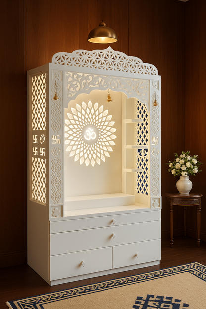 Corian Temple with Om Symbol and Storage 6ft x 2ft x 1.2ft — Luxury Indian Home Interior — Satguru Creations