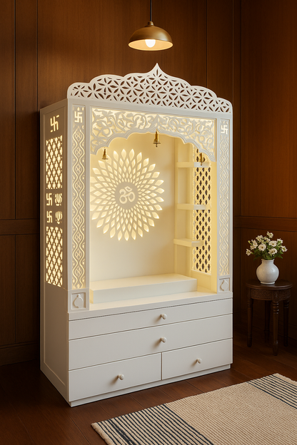 Corian Temple with Om Symbol and Storage 6ft x 2ft x 1.2ft — Luxury Indian Home Interior — Satguru Creations