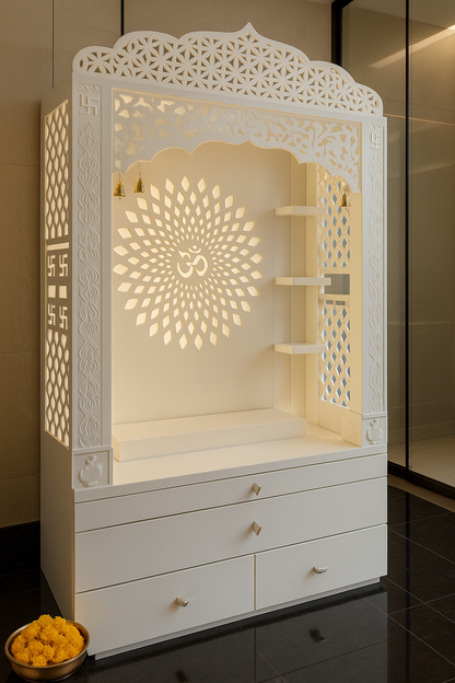 Corian Temple with Om Symbol and Storage 6ft x 2ft x 1.2ft — Luxury Indian Home Interior — Satguru Creations