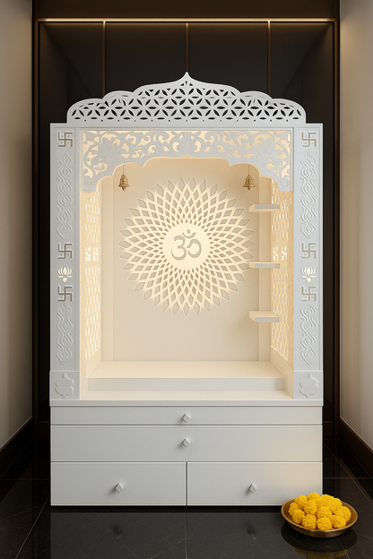 Corian Temple with Om Symbol and Storage 6ft x 2ft x 1.2ft — Luxury Indian Home Interior — Satguru Creations