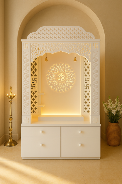 Corian Temple with Om Symbol and Storage 6ft x 2ft x 1.2ft — Luxury Indian Home Interior — Satguru Creations