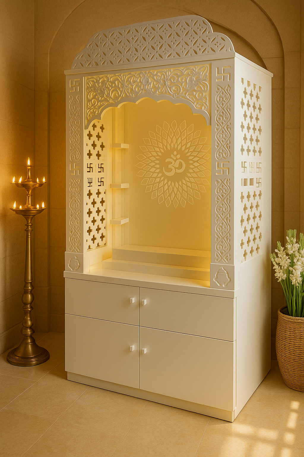 Corian Temple with Om Symbol and Storage 6ft x 2ft x 1.2ft — Luxury Indian Home Interior — Satguru Creations