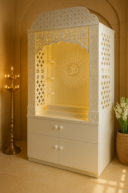 Corian Temple with Om Symbol and Storage 6ft x 2ft x 1.2ft — Luxury Indian Home Interior — Satguru Creations