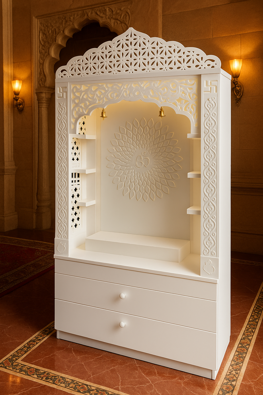 Corian Temple with Om Symbol and Storage 6ft x 2ft x 1.2ft — Luxury Indian Home Interior — Satguru Creations