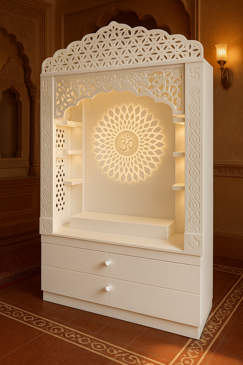 Corian Temple with Om Symbol and Storage 6ft x 2ft x 1.2ft — Luxury Indian Home Interior — Satguru Creations