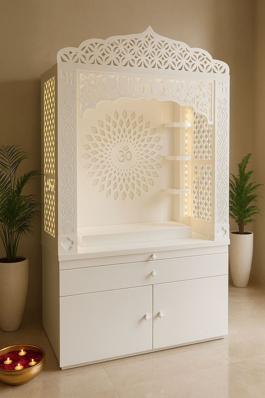 Corian Temple with Om Symbol and Storage 6ft x 2ft x 1.2ft — Luxury Indian Home Interior — Satguru Creations
