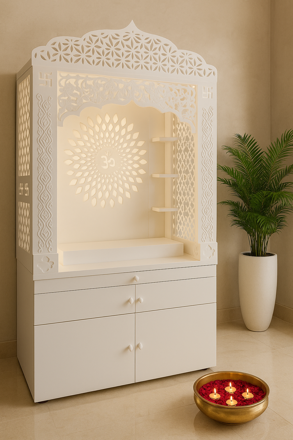 Corian Temple with Om Symbol and Storage 6ft x 2ft x 1.2ft — Luxury Indian Home Interior — Satguru Creations