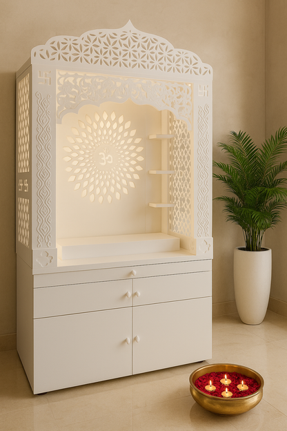 Corian Temple with Om Symbol and Storage 6ft x 2ft x 1.2ft — Luxury Indian Home Interior — Satguru Creations