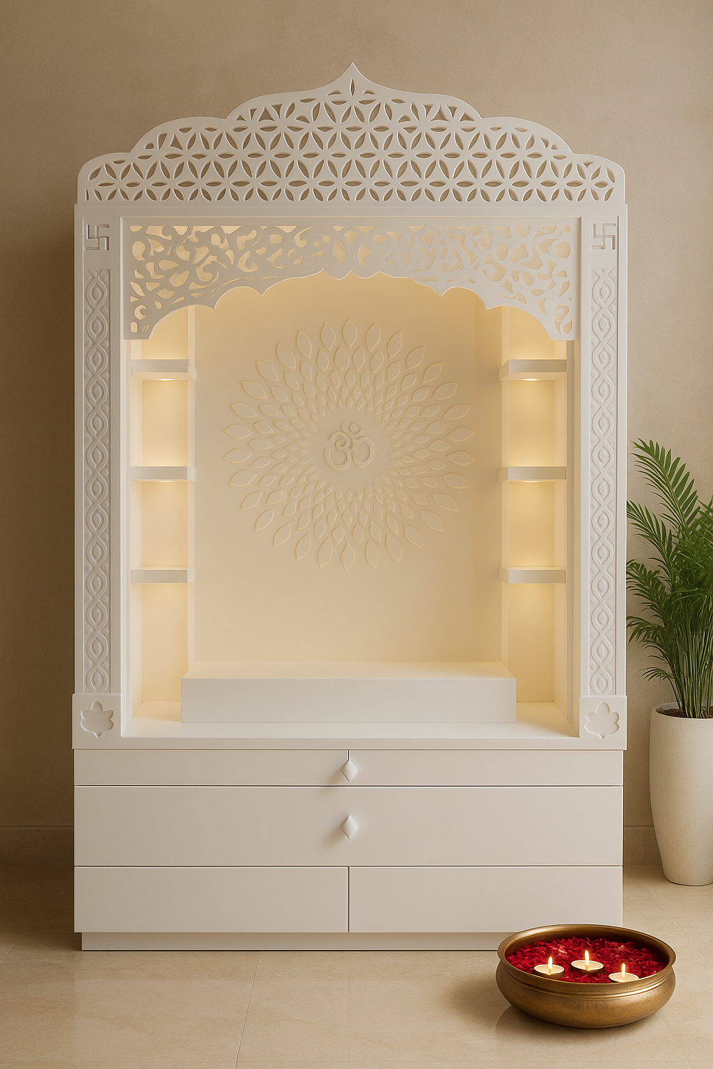 Corian Temple with Om Symbol and Storage 6ft x 2ft x 1.2ft — Luxury Indian Home Interior — Satguru Creations