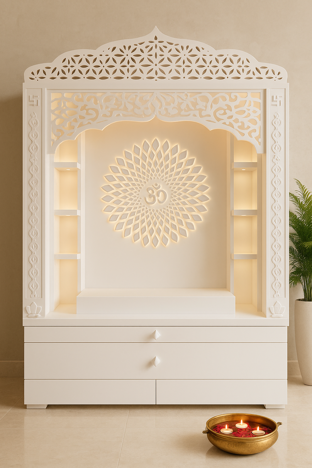 Corian Temple with Om Symbol and Storage 6ft x 2ft x 1.2ft — Luxury Indian Home Interior — Satguru Creations