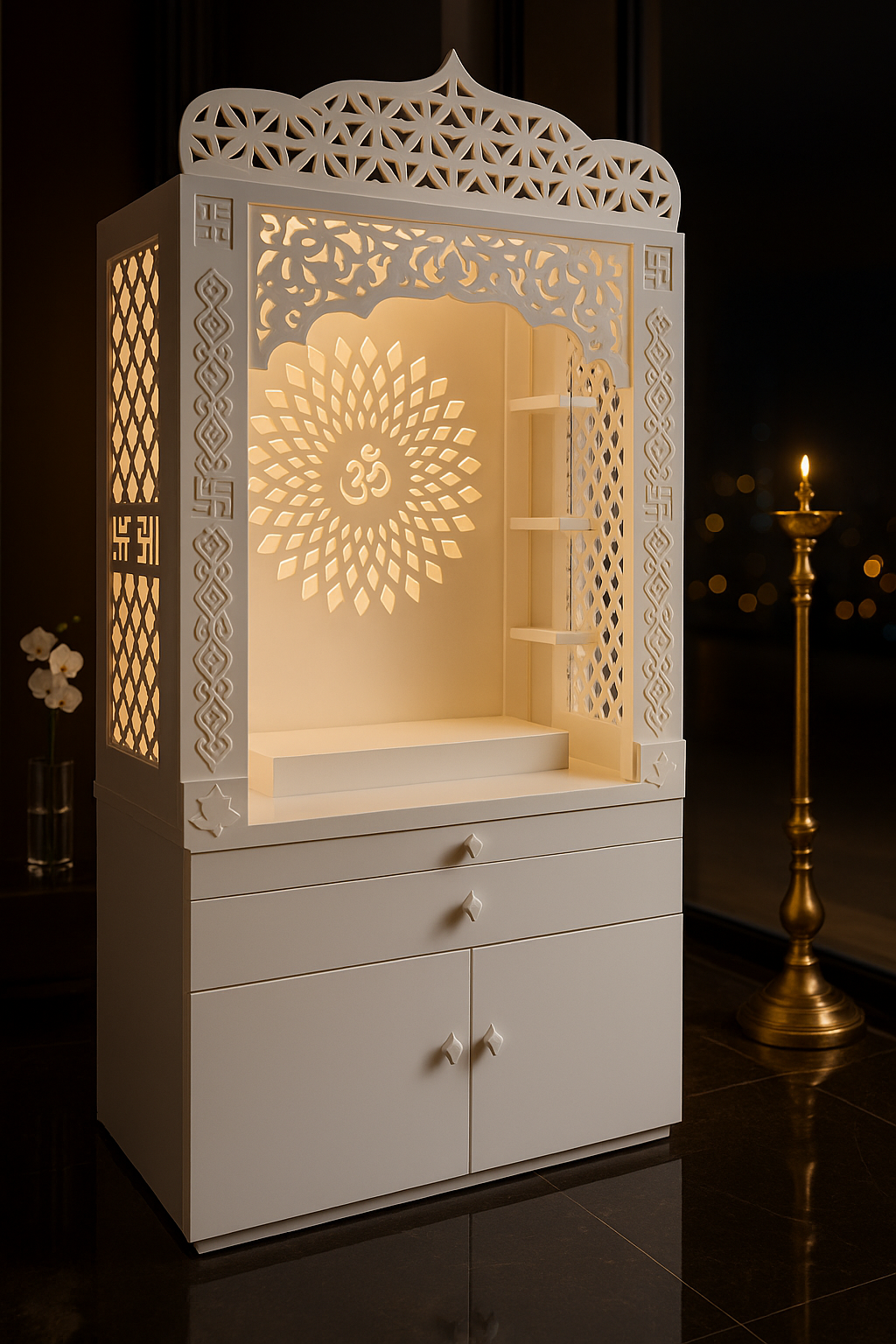 Corian Temple with Om Symbol and Storage 6ft x 2ft x 1.2ft — Luxury Indian Home Interior — Satguru Creations