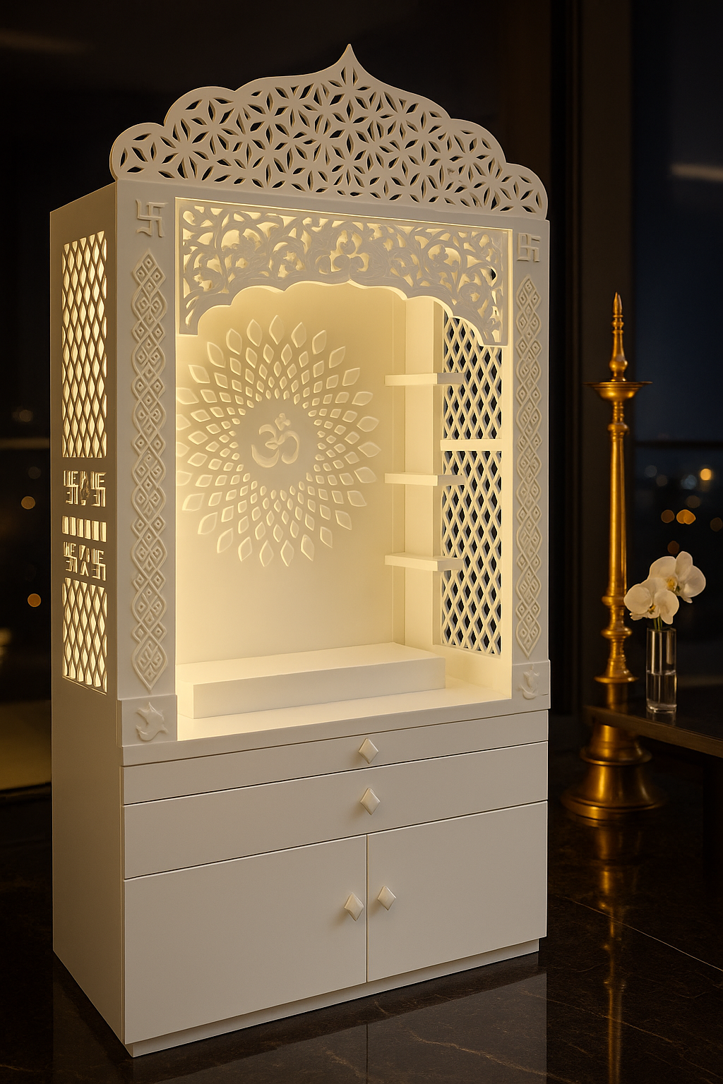 Corian Temple with Om Symbol and Storage 6ft x 2ft x 1.2ft — Luxury Indian Home Interior — Satguru Creations