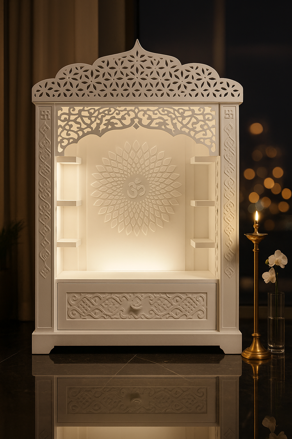 Corian Temple with Om Symbol and Storage 6ft x 2ft x 1.2ft — Luxury Indian Home Interior — Satguru Creations