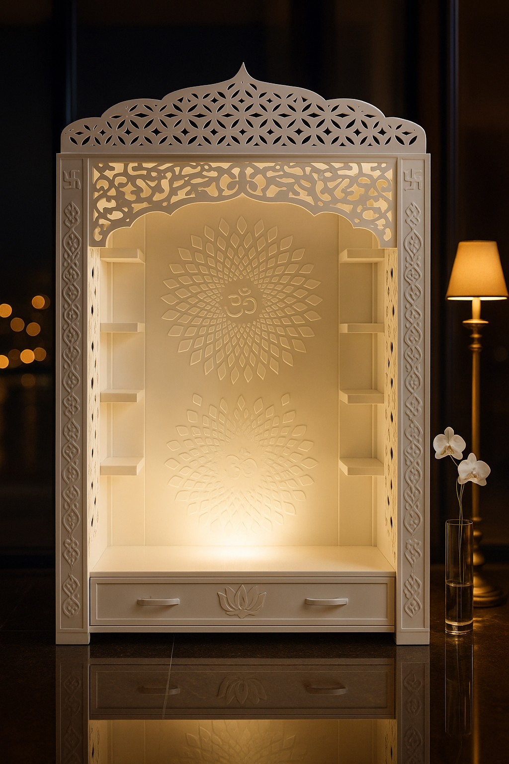 Corian Temple with Om Symbol and Storage 6ft x 2ft x 1.2ft — Luxury Indian Home Interior — Satguru Creations