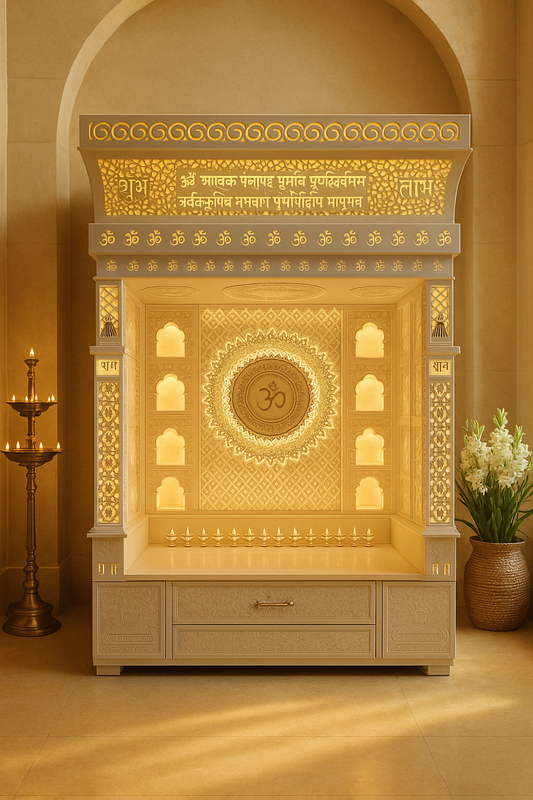 Backlit Large Corian Temple Om Mandala with Tilted Dome — Luxury Indian Home Interior — Satguru Creations