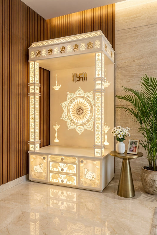 Corian Temple with 3D Om Drawers — Backlit Pillars — Luxury Home Interior — Satguru Creations