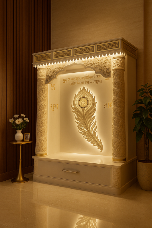 Corian Marble Temple — 6 ft Regal Round Pillar Home Mandir — Luxury Indian Home Interior — Satguru Creations