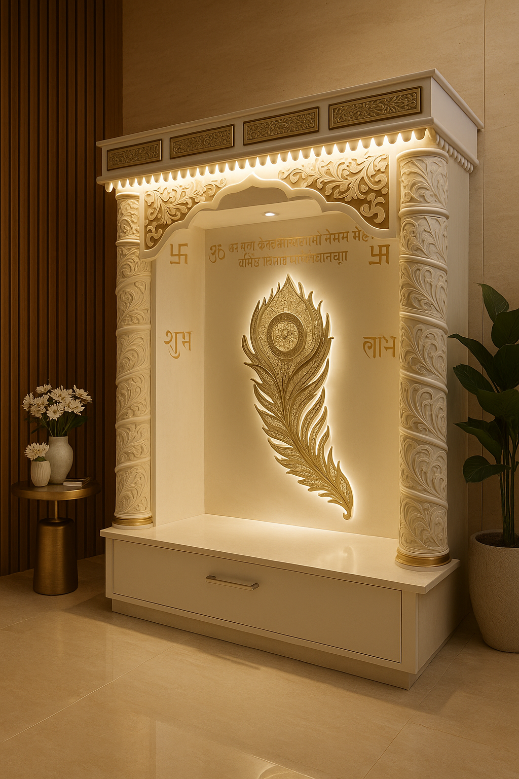 Corian Marble Temple — 6 ft Regal Round Pillar Home Mandir — Luxury Indian Home Interior — Satguru Creations