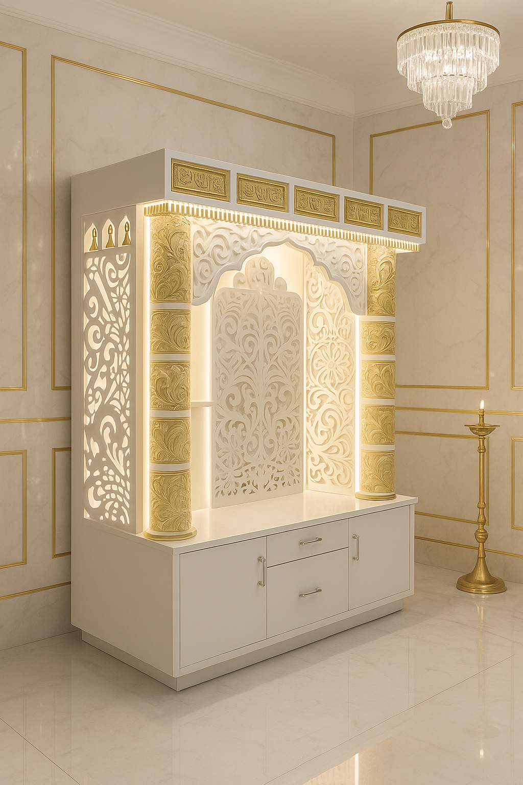 Corian Marble Temple — 6 ft Regal Round Pillar Home Mandir — Luxury Indian Home Interior — Satguru Creations