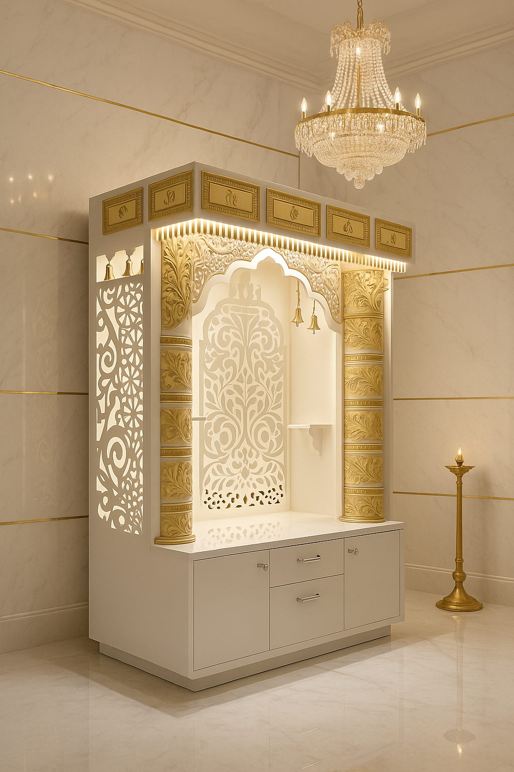 Corian Marble Temple — 6 ft Regal Round Pillar Home Mandir — Luxury Indian Home Interior — Satguru Creations
