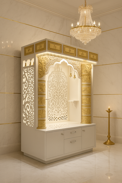 Corian Marble Temple — 6 ft Regal Round Pillar Home Mandir — Luxury Indian Home Interior — Satguru Creations