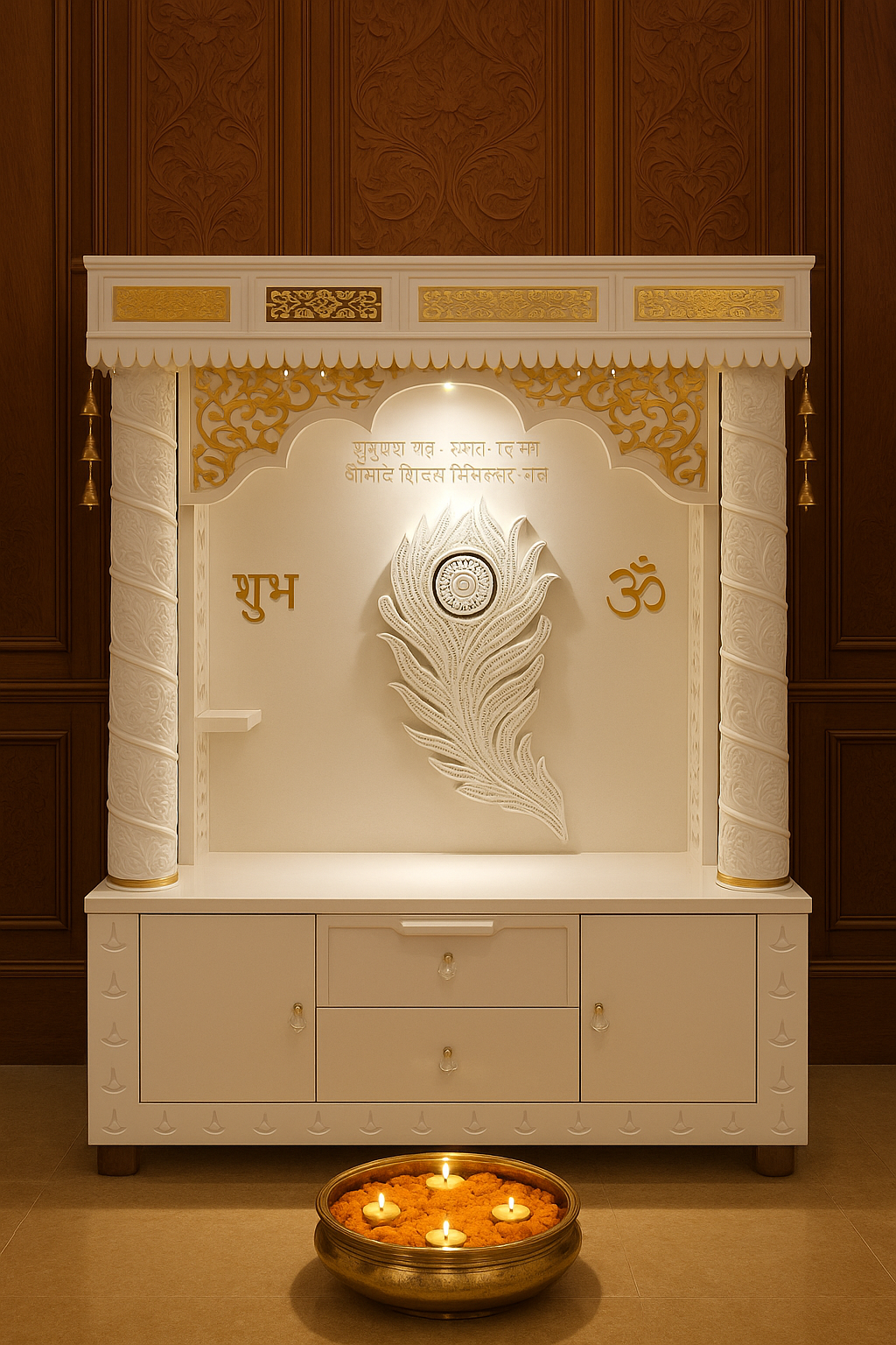 Corian Marble Temple — 6 ft Regal Round Pillar Home Mandir — Luxury Indian Home Interior — Satguru Creations