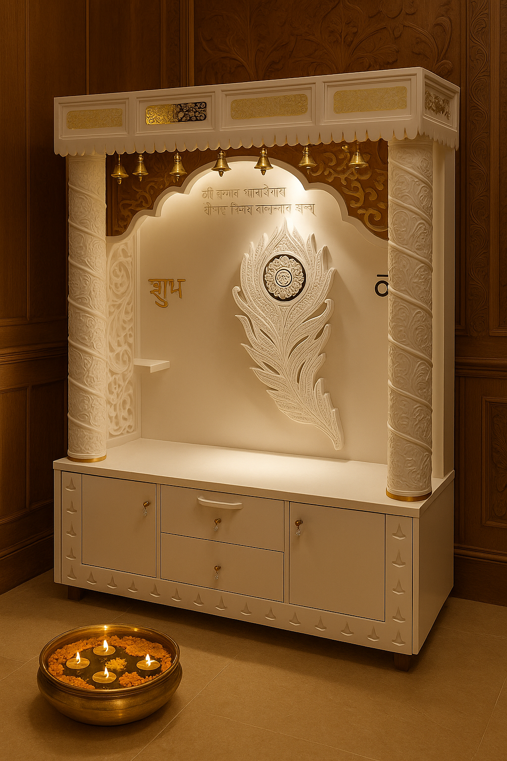 Corian Marble Temple — 6 ft Regal Round Pillar Home Mandir — Luxury Indian Home Interior — Satguru Creations