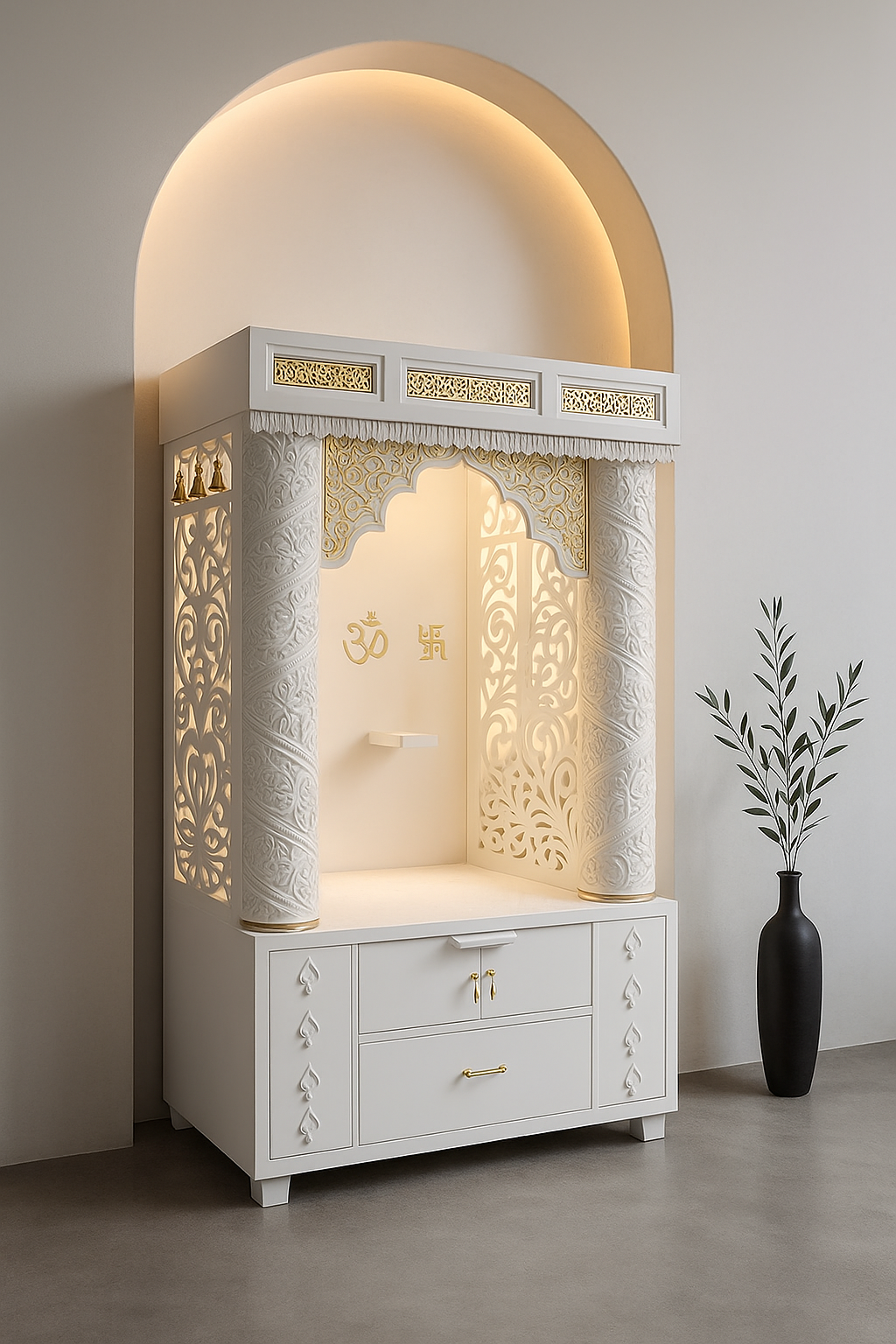 Corian Marble Temple — 6 ft Regal Round Pillar Home Mandir — Luxury Indian Home Interior — Satguru Creations