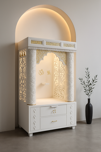 Corian Marble Temple — 6 ft Regal Round Pillar Home Mandir — Luxury Indian Home Interior — Satguru Creations