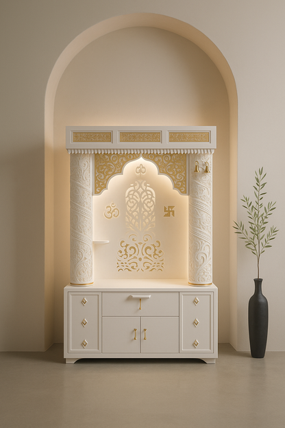 Corian Marble Temple — 6 ft Regal Round Pillar Home Mandir — Luxury Indian Home Interior — Satguru Creations