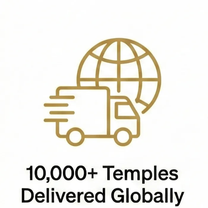Trust signal showing 10,000+ Corian temples delivered from our Mumbai factory to homes in the USA, UK, Australia, and across India.