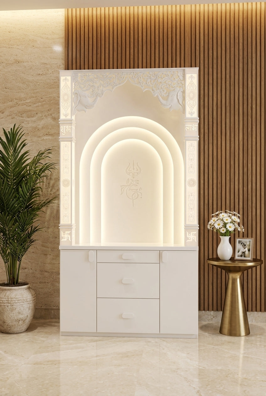 Multi-Layer Backlit Corian Temple with Trishul and Storage 2x6ft — Luxury Home Interior — Satguru Creations