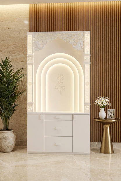 Multi-Layer Backlit Corian Temple with Trishul and Storage 2x6ft — Luxury Home Interior — Satguru Creations