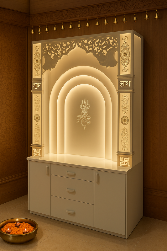 Multi-Layer Backlit Corian Temple with Trishul and Storage 2x6ft — Luxury Indian Home Interior — Satguru Creations