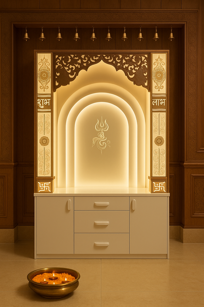 Multi-Layer Backlit Corian Temple with Trishul and Storage 2x6ft — Luxury Indian Home Interior — Satguru Creations