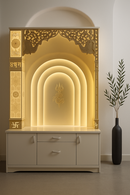 Multi-Layer Backlit Corian Temple with Trishul and Storage 2x6ft — Luxury Indian Home Interior — Satguru Creations