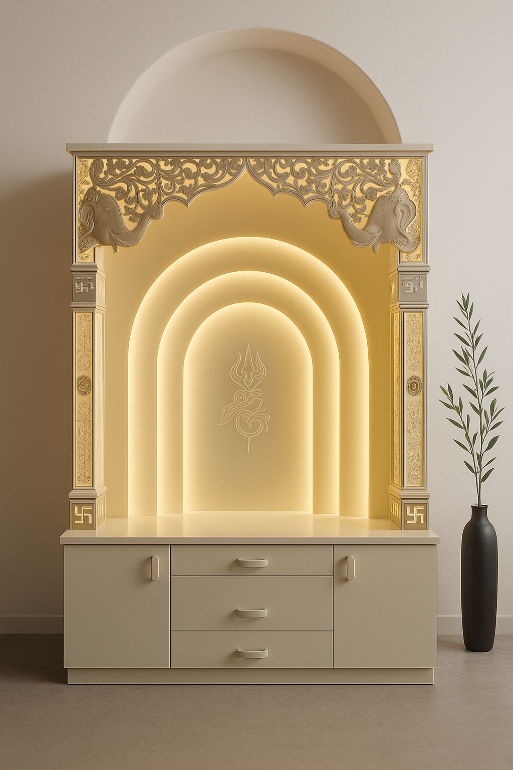 Multi-Layer Backlit Corian Temple with Trishul and Storage 2x6ft — Luxury Indian Home Interior — Satguru Creations