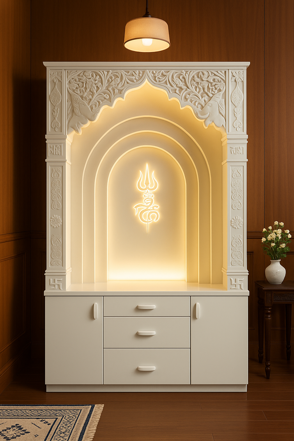 Multi-Layer Backlit Corian Temple with Trishul and Storage 2x6ft — Luxury Indian Home Interior — Satguru Creations