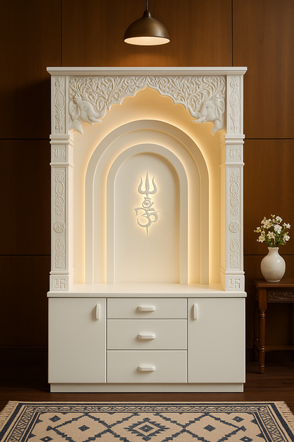 Multi-Layer Backlit Corian Temple with Trishul and Storage 2x6ft — Luxury Indian Home Interior — Satguru Creations