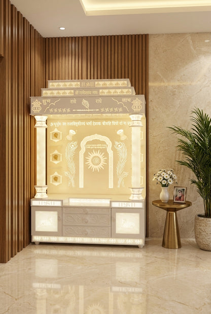 Damru Pillar Corian Temple with Backlit Design — Luxury Home Interior — Satguru Creations